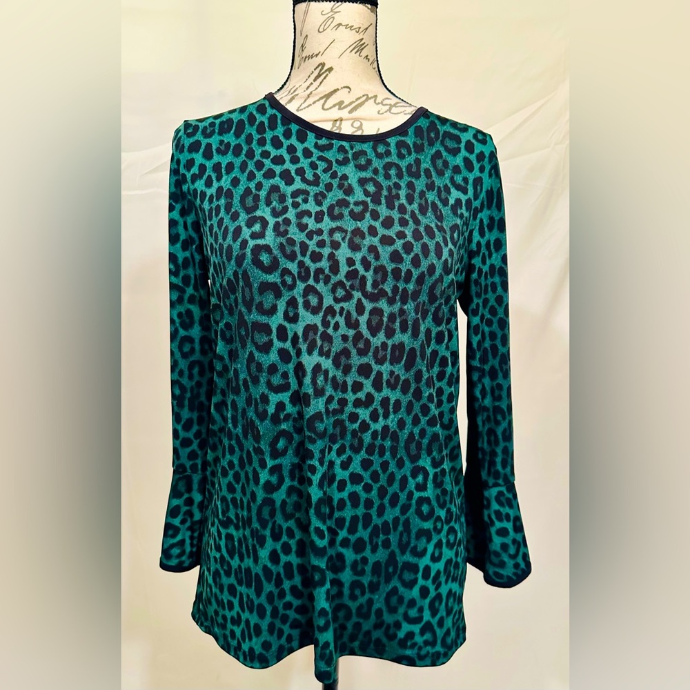 Michael Michael Kors Top Women's Green Leopard-Print Flare-Sleeve